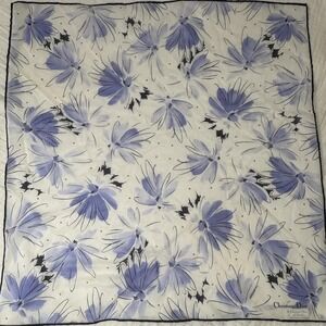 Christian Dior Scarf Handkerchief Floral Cotton White Blue Navy Border 17.5"
